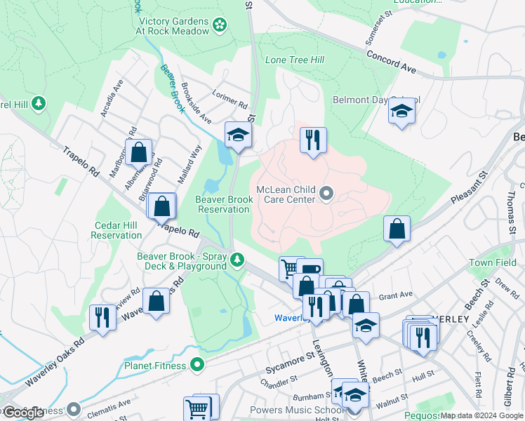 map of restaurants, bars, coffee shops, grocery stores, and more near 21 South Cottage Road in Belmont
