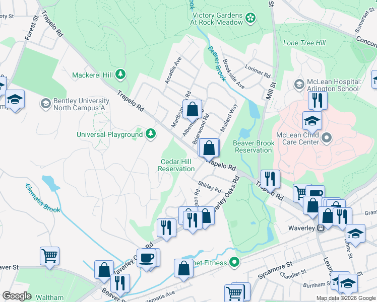 map of restaurants, bars, coffee shops, grocery stores, and more near 147 Trapelo Road in Waltham