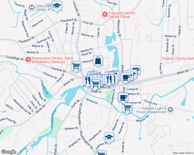 map of restaurants, bars, coffee shops, grocery stores, and more near 35 Pope Street in Hudson