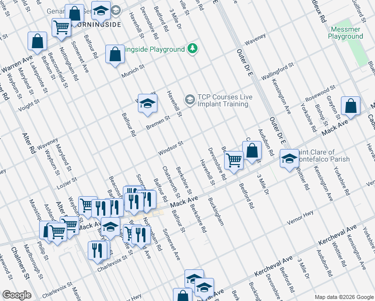 map of restaurants, bars, coffee shops, grocery stores, and more near 3904 Buckingham in Detroit