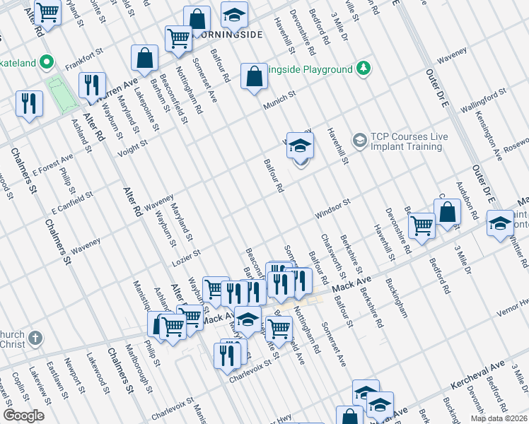 map of restaurants, bars, coffee shops, grocery stores, and more near 4113 Somerset Avenue in Detroit