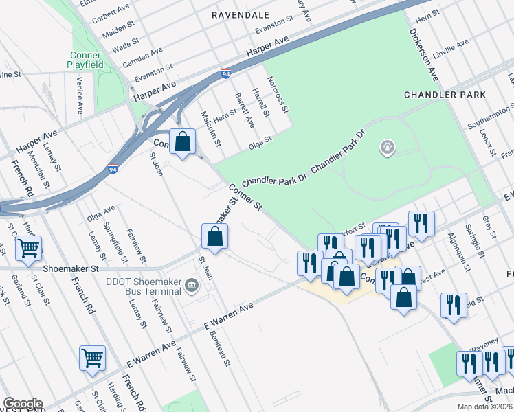 map of restaurants, bars, coffee shops, grocery stores, and more near 11834-12234 Chandler Park Drive in Detroit