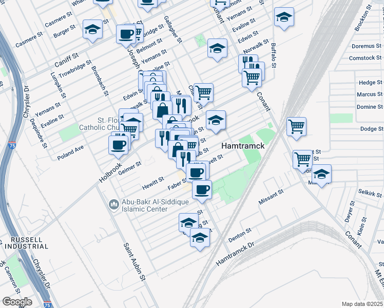 map of restaurants, bars, coffee shops, grocery stores, and more near 2981 Hanley Street in Hamtramck