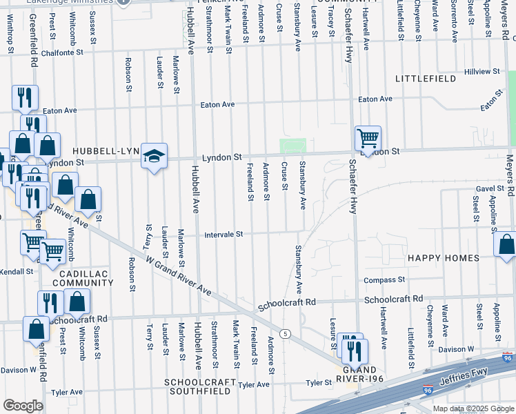 map of restaurants, bars, coffee shops, grocery stores, and more near 14328 Ardmore Street in Detroit