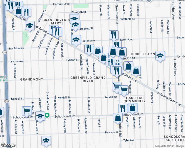 map of restaurants, bars, coffee shops, grocery stores, and more near 14390 Rutherford Street in Detroit