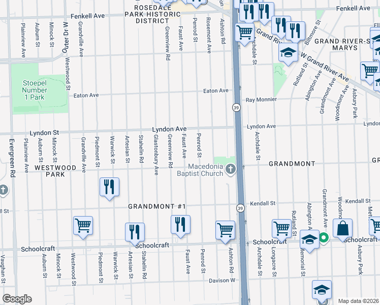 map of restaurants, bars, coffee shops, grocery stores, and more near 14411 Penrod Street in Detroit