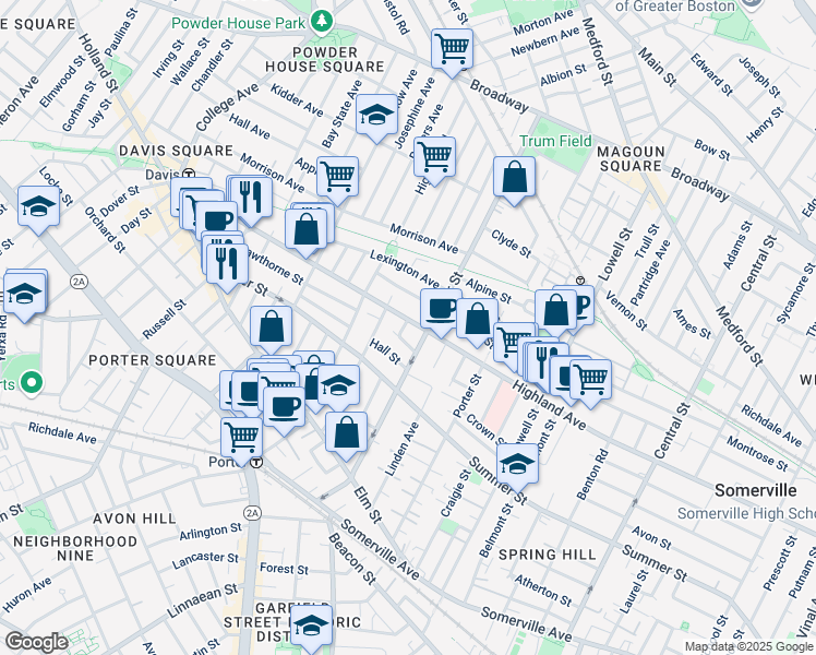 map of restaurants, bars, coffee shops, grocery stores, and more near 307 Highland Avenue in Somerville