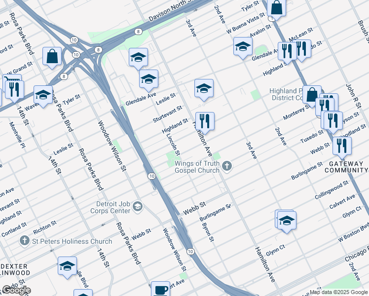 map of restaurants, bars, coffee shops, grocery stores, and more near 310 Cortland Street in Highland Park