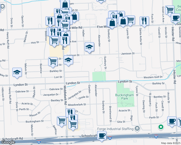 map of restaurants, bars, coffee shops, grocery stores, and more near 14644 Garden Street in Livonia
