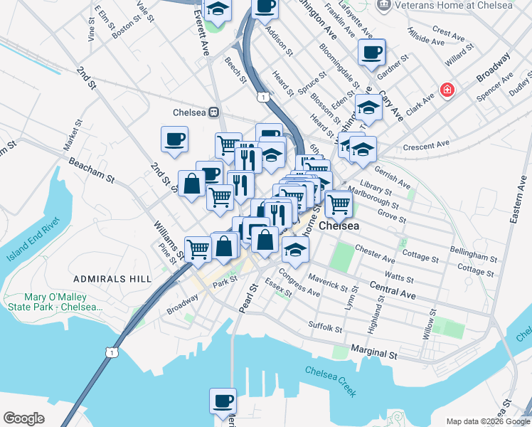map of restaurants, bars, coffee shops, grocery stores, and more near 69 4th Street in Chelsea