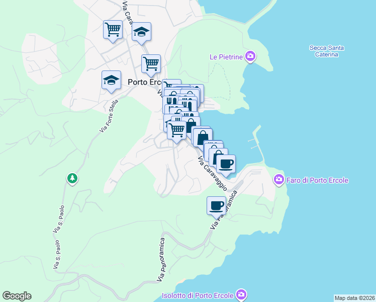 map of restaurants, bars, coffee shops, grocery stores, and more near 22 Lungomare Andrea Doria in Porto Ercole