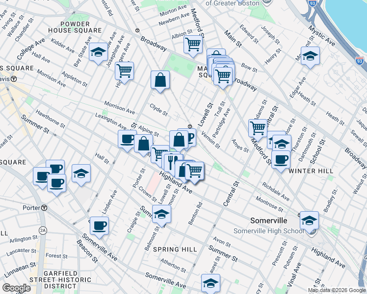 map of restaurants, bars, coffee shops, grocery stores, and more near 24 Princeton Street in Somerville