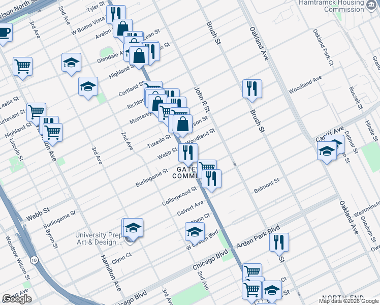 map of restaurants, bars, coffee shops, grocery stores, and more near 11698 Woodward Avenue in Detroit