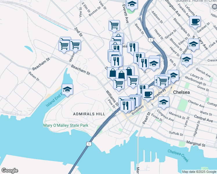 map of restaurants, bars, coffee shops, grocery stores, and more near 201 Auburn Street in Chelsea