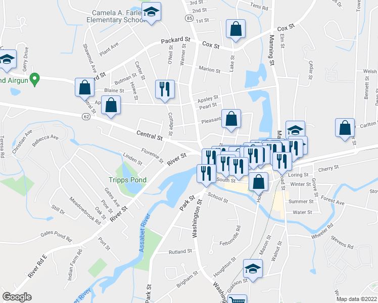 map of restaurants, bars, coffee shops, grocery stores, and more near 12 Central Street in Hudson