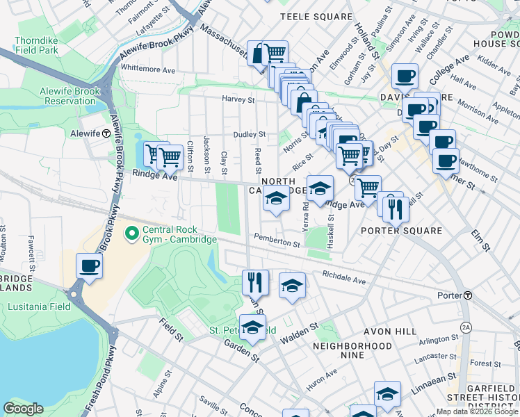 map of restaurants, bars, coffee shops, grocery stores, and more near Sargent Street in Cambridge