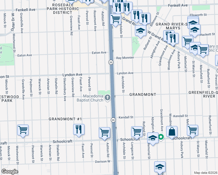 map of restaurants, bars, coffee shops, grocery stores, and more near 14358 Ashton Road in Detroit