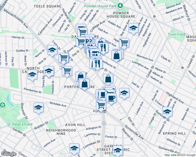 map of restaurants, bars, coffee shops, grocery stores, and more near 176 Elm Street in Cambridge