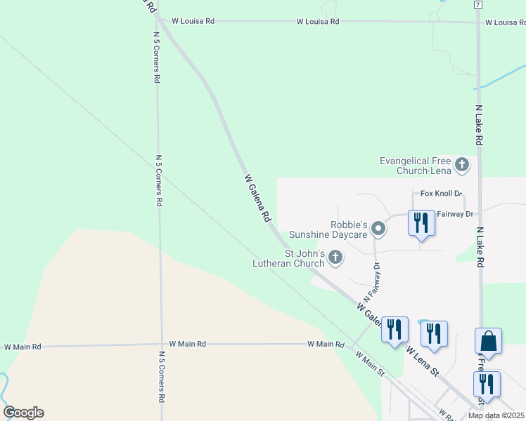 map of restaurants, bars, coffee shops, grocery stores, and more near 11723 West Galena Road in Lena