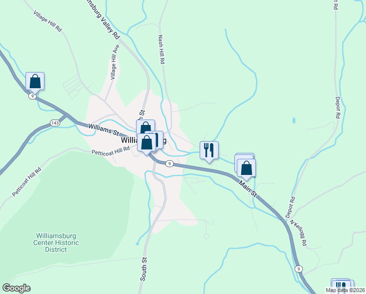 map of restaurants, bars, coffee shops, grocery stores, and more near 8 Valley View Road in Williamsburg