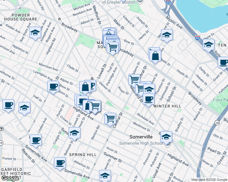 map of restaurants, bars, coffee shops, grocery stores, and more near 28 Bartlett Street in Somerville