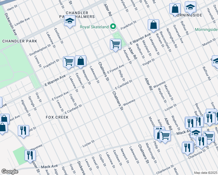 map of restaurants, bars, coffee shops, grocery stores, and more near 4675 Chalmers Street in Detroit