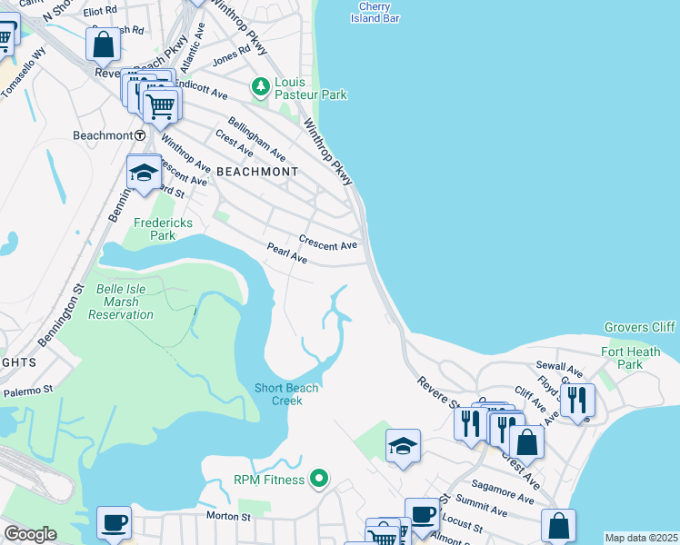 map of restaurants, bars, coffee shops, grocery stores, and more near 295R Crescent Avenue in Revere