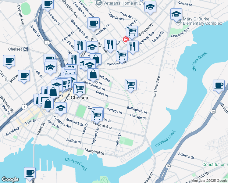 map of restaurants, bars, coffee shops, grocery stores, and more near 181 Highland Street in Chelsea
