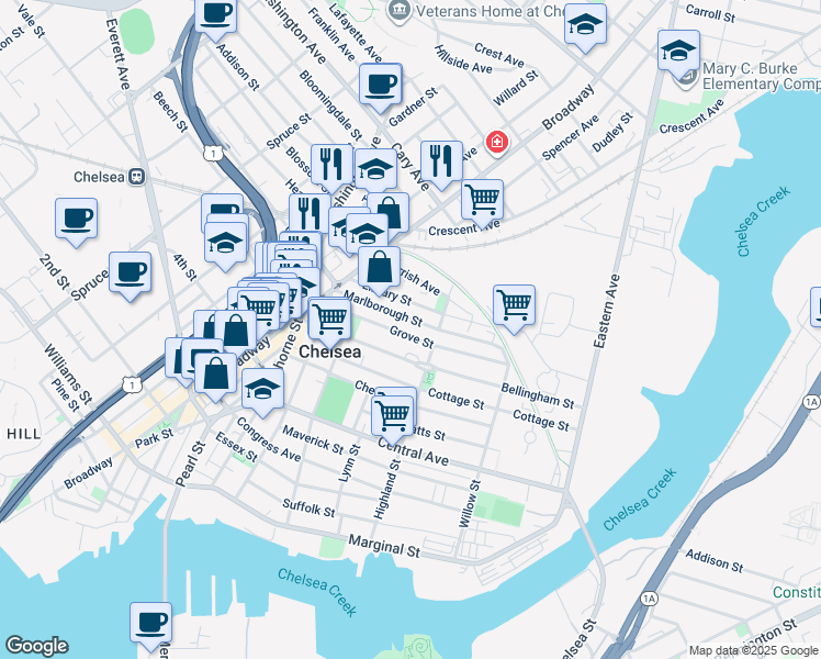map of restaurants, bars, coffee shops, grocery stores, and more near 77 Library Street in Chelsea