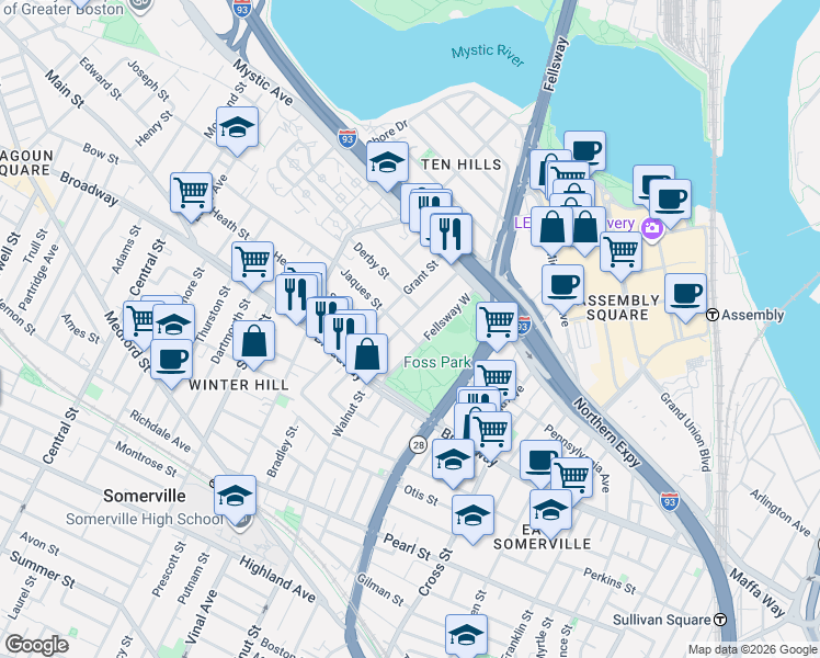map of restaurants, bars, coffee shops, grocery stores, and more near 19 Jaques Street in Somerville