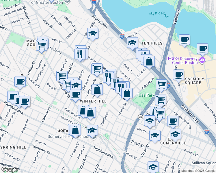 map of restaurants, bars, coffee shops, grocery stores, and more near 331 Broadway in Somerville
