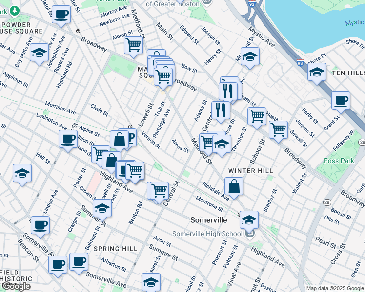 map of restaurants, bars, coffee shops, grocery stores, and more near 29 Robinson Street in Somerville