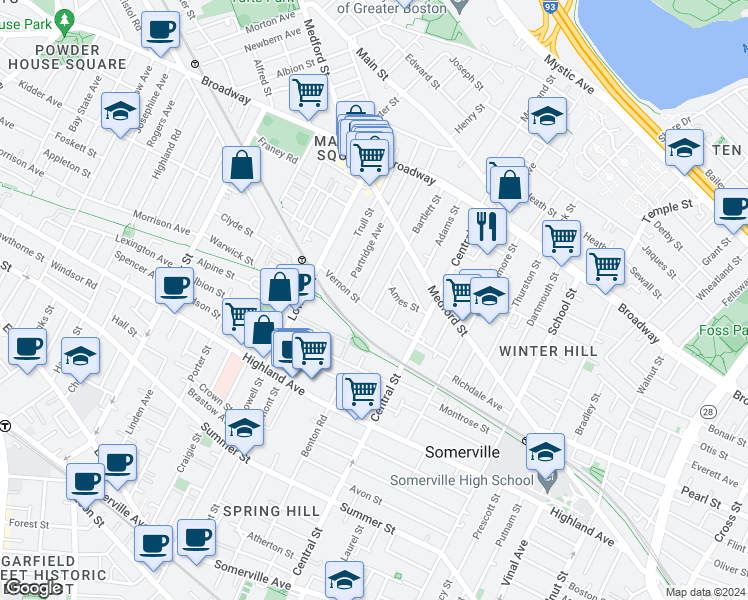 map of restaurants, bars, coffee shops, grocery stores, and more near 28 Bartlett Street in Somerville