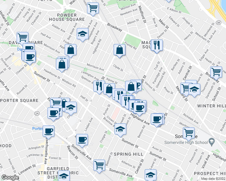 map of restaurants, bars, coffee shops, grocery stores, and more near 159 Albion Street in Somerville