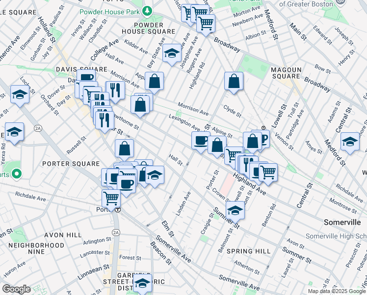 map of restaurants, bars, coffee shops, grocery stores, and more near 307 Highland Avenue in Somerville