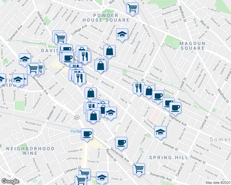 map of restaurants, bars, coffee shops, grocery stores, and more near 322 Highland Avenue in Somerville