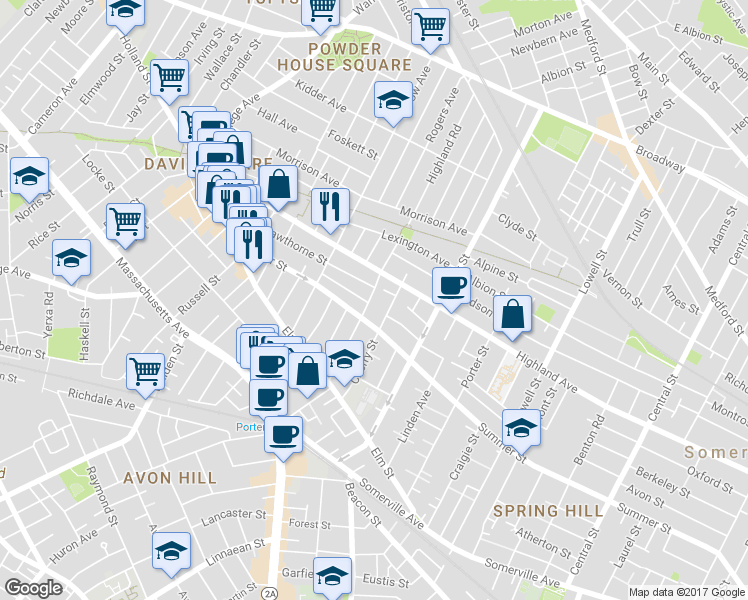 map of restaurants, bars, coffee shops, grocery stores, and more near 322 Highland Avenue in Somerville