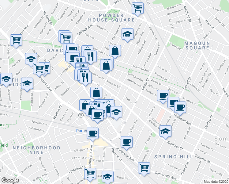 map of restaurants, bars, coffee shops, grocery stores, and more near 18 Charnwood Road in Somerville