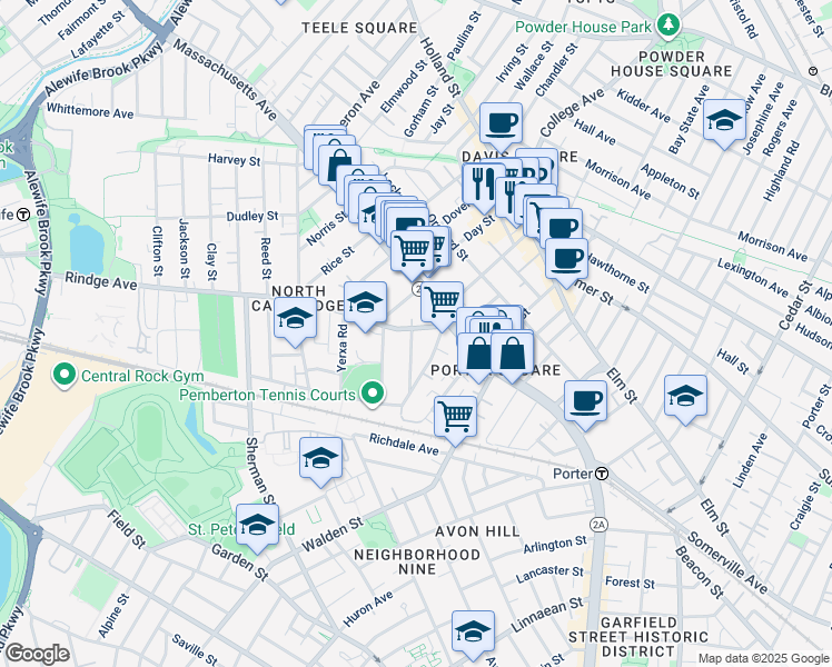map of restaurants, bars, coffee shops, grocery stores, and more near 22 Haskell Street in Cambridge