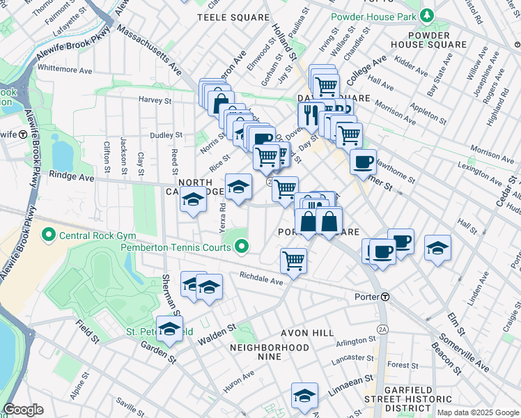 map of restaurants, bars, coffee shops, grocery stores, and more near 22 Haskell Street in Cambridge