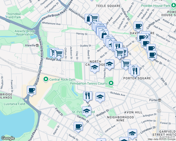 map of restaurants, bars, coffee shops, grocery stores, and more near in Cambridge