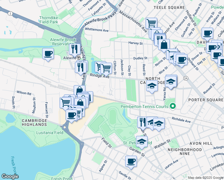 map of restaurants, bars, coffee shops, grocery stores, and more near 410-426 Clifton Street in Cambridge
