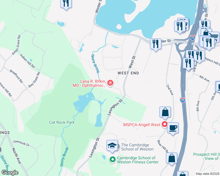 map of restaurants, bars, coffee shops, grocery stores, and more near 195 West Street in Waltham