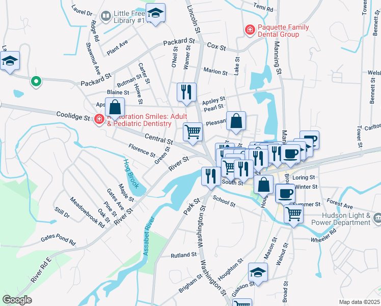 map of restaurants, bars, coffee shops, grocery stores, and more near 14 Rice Street in Hudson