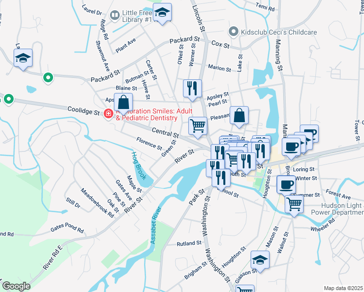 map of restaurants, bars, coffee shops, grocery stores, and more near 42 Central Street in Hudson