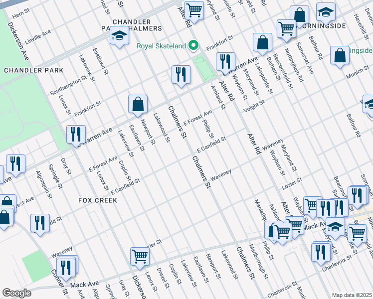 map of restaurants, bars, coffee shops, grocery stores, and more near 4675 Chalmers Street in Detroit