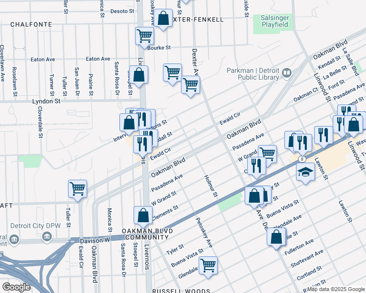 map of restaurants, bars, coffee shops, grocery stores, and more near 2314 Ewald Circle in Detroit