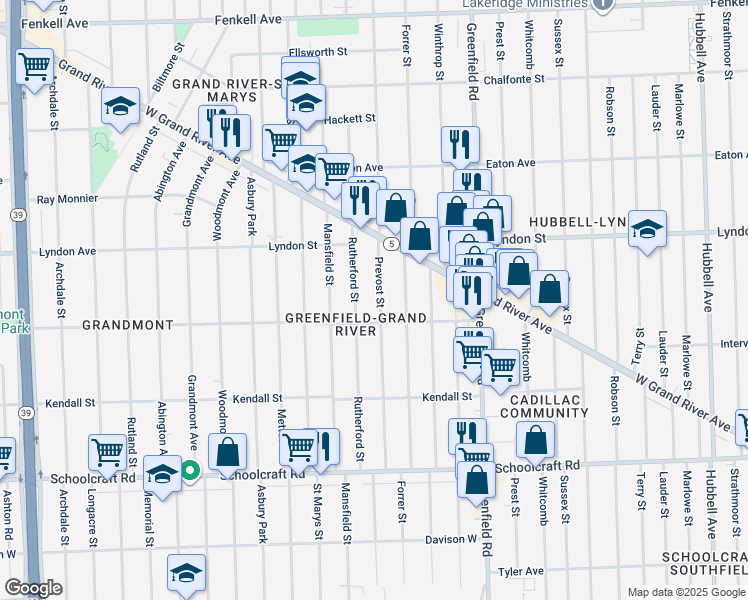 map of restaurants, bars, coffee shops, grocery stores, and more near 14390 Rutherford Street in Detroit