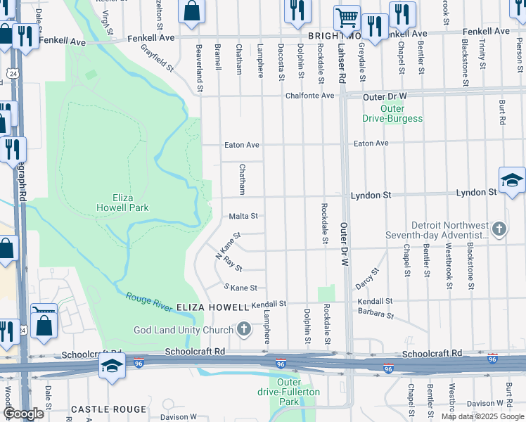 map of restaurants, bars, coffee shops, grocery stores, and more near 22431 Lyndon Street in Detroit