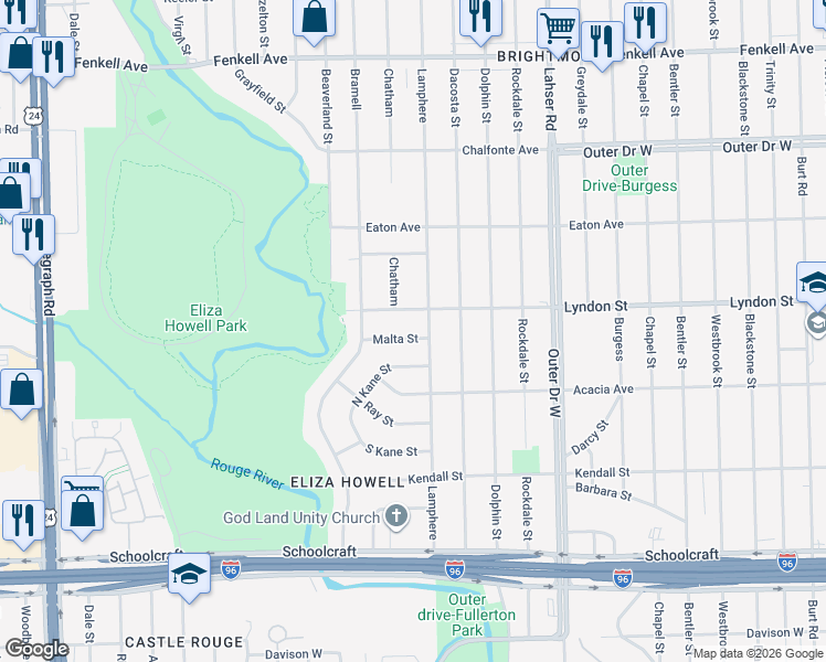 map of restaurants, bars, coffee shops, grocery stores, and more near 22431 Lyndon Street in Detroit